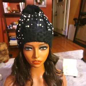 Black silver and pearl beads embellished hat one size 100% acrylic.